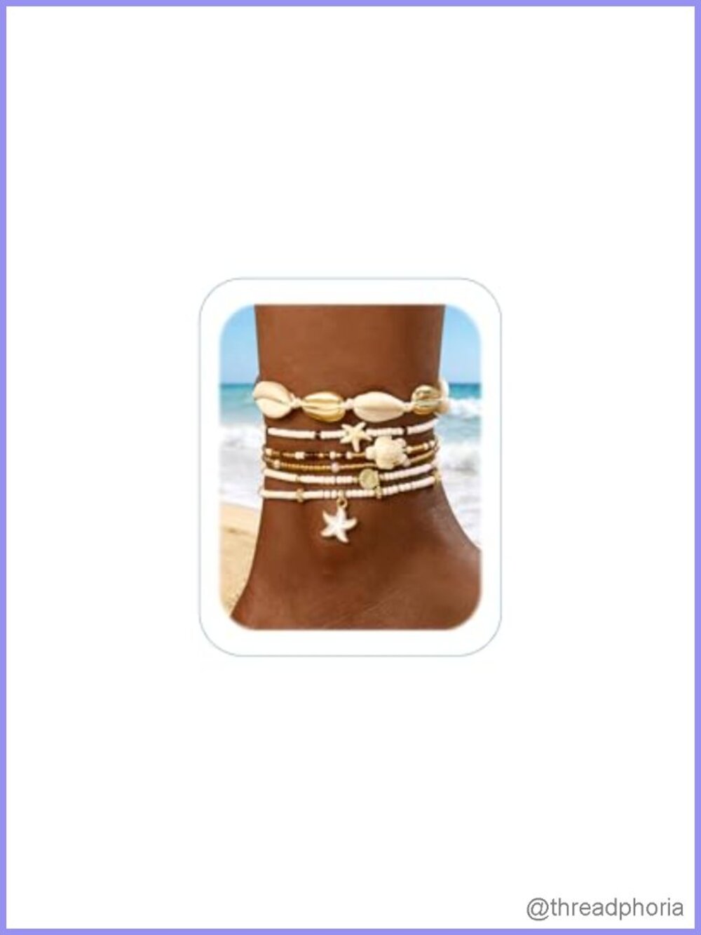 14k Gold Waterproof Layered Anklet Set for Women, 6pc Boho Beach Shell Starfish